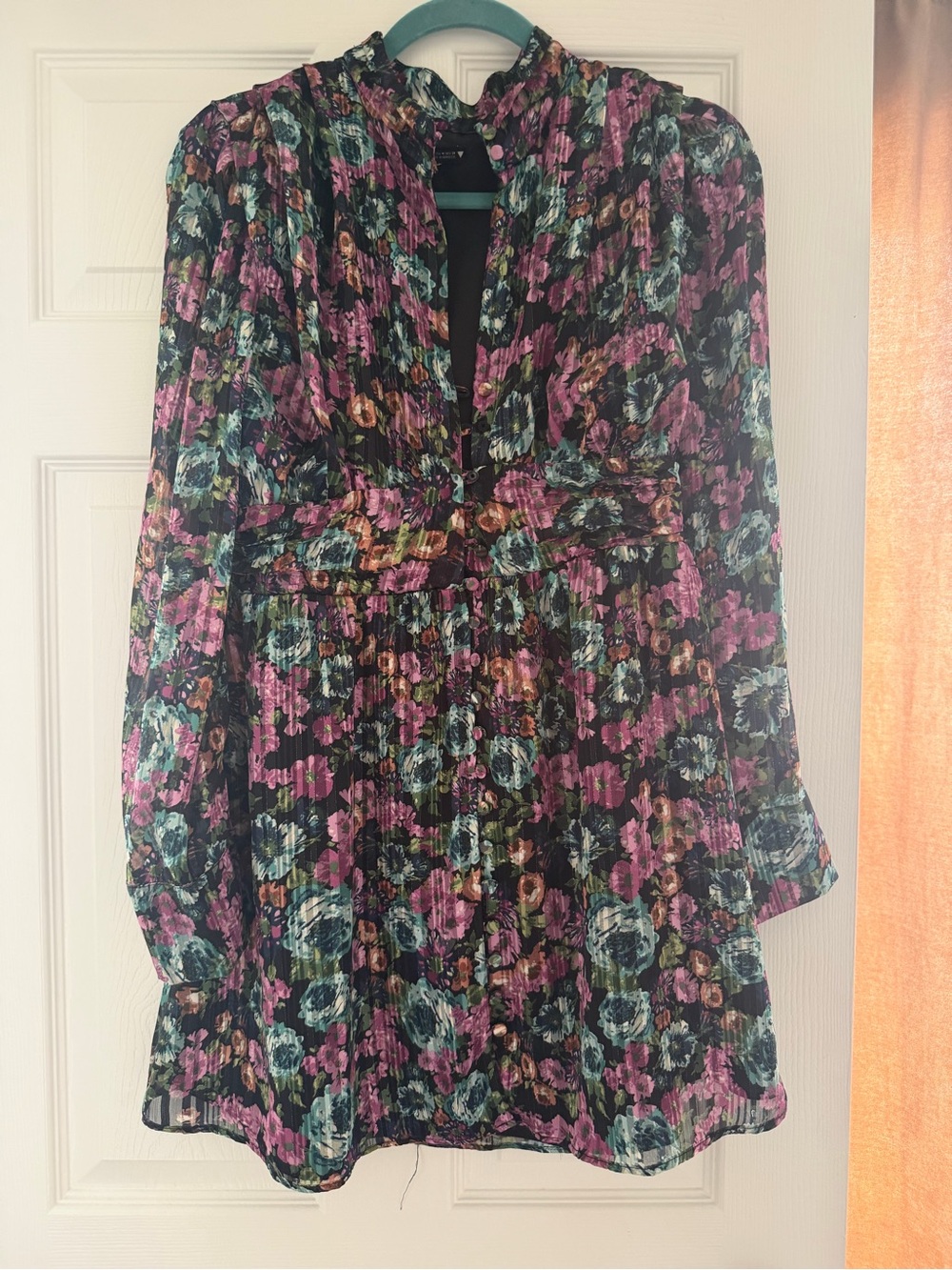 Zara Black Floral Long-Sleeve Pleated Mini Dress with Pink & Teal Accents